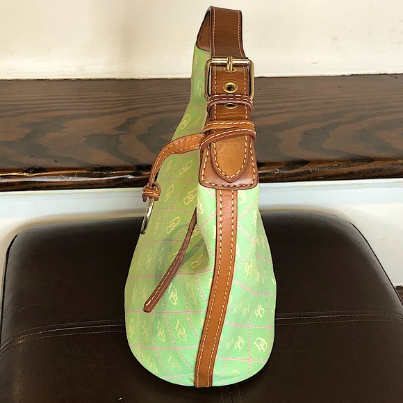 DOONEY & BOURKE Mint Green Bag w/ Pink White DB Monogram Brown Leather Handle - Picture 3 of 14